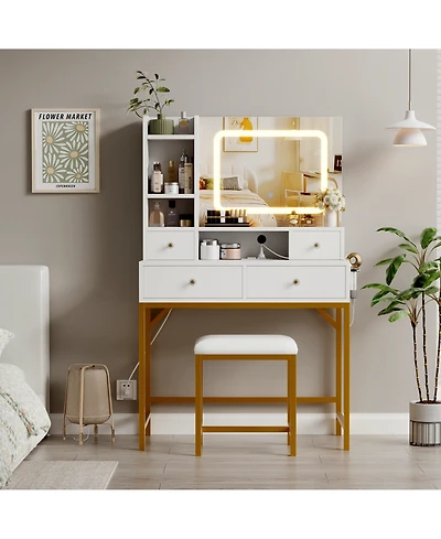 Homfan Modern Vanity Table Set with Mirror and 3-Color Led Lighting, Charging Station, 4 Drawers, 6 Shelves, Golden Frame, Stool