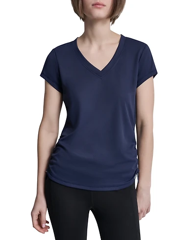 Dkny Sport Women's Ruched Side Seams V-Neck Tech T-Shirt