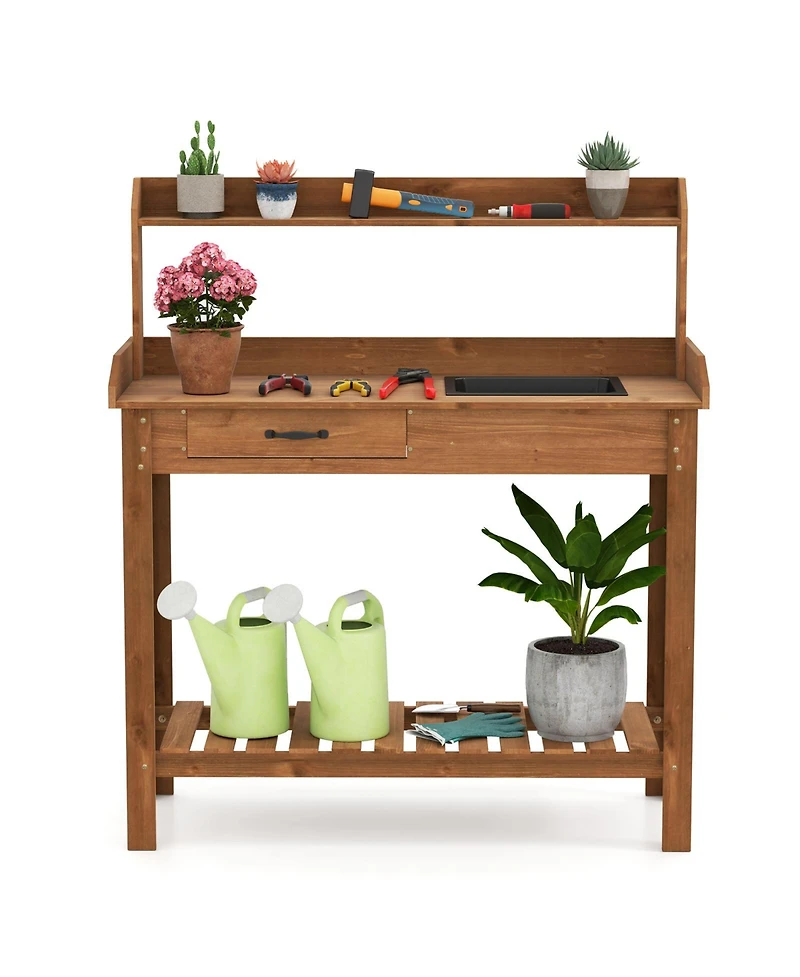 Sugift Outdoor Wooden Garden Work Table with Storage Shelves