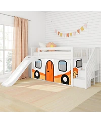 Max & Lily Low Twin over Twin Bunk With Stairs, Easy Slide and Orange Camper Van Curtain