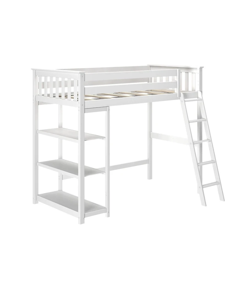 Max & Lily Solid Wood High Loft Bed,Twin Bed Frame For Kids With Bookcase and Ladder