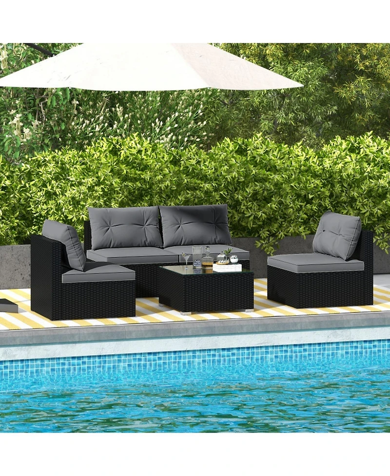 Gouun 5-Piece Wicker Patio Sofa Set with Cushions and Square Coffee Table