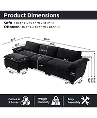 Rainsken 3-Seater L-Shaped Chenille Sectional Sofa with Ottoman with Removable Washable Covers and Sturdy Solid Wood Frame for Living Room Use