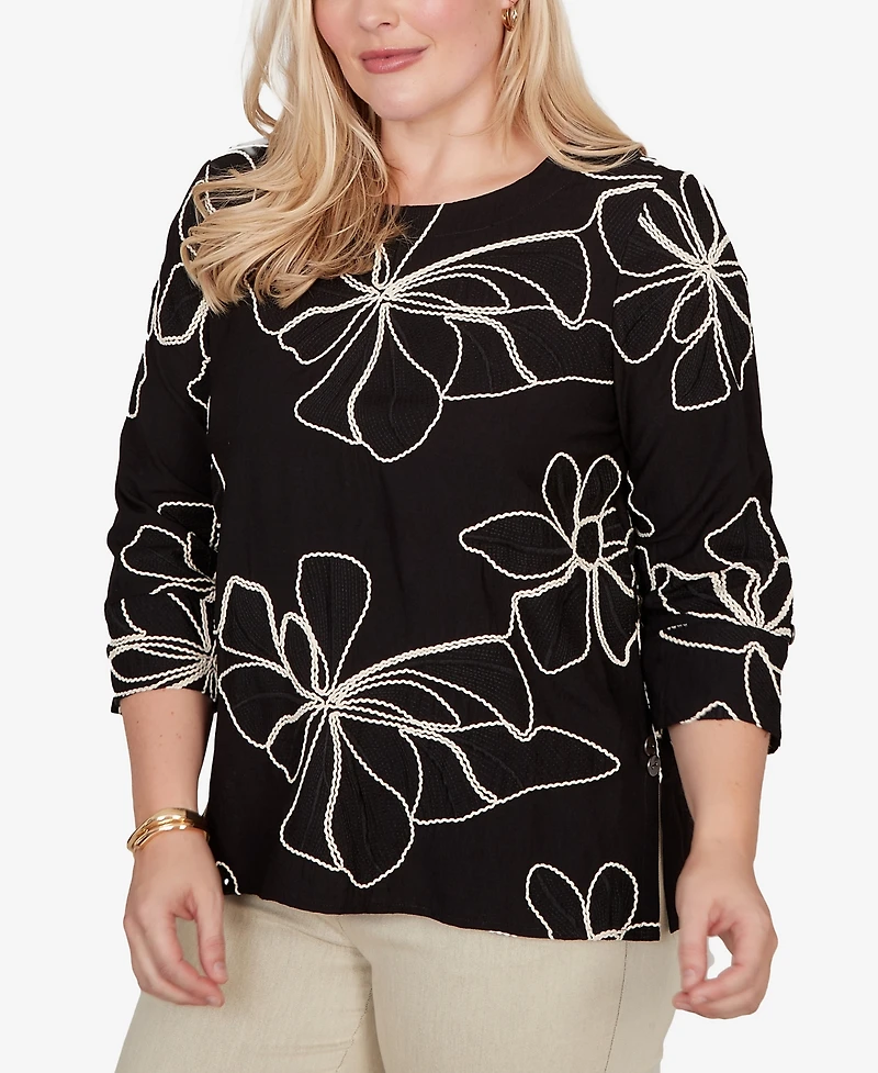 Alfred Dunner Petite Detail Driven Flower Soutache Three-Quarter-Sleeve Top