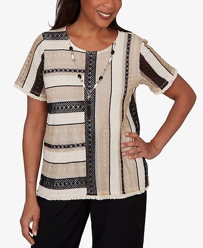 Alfred Dunner Petite Detail Driven Textured Spliced Crewneck T-Shirt with Necklace