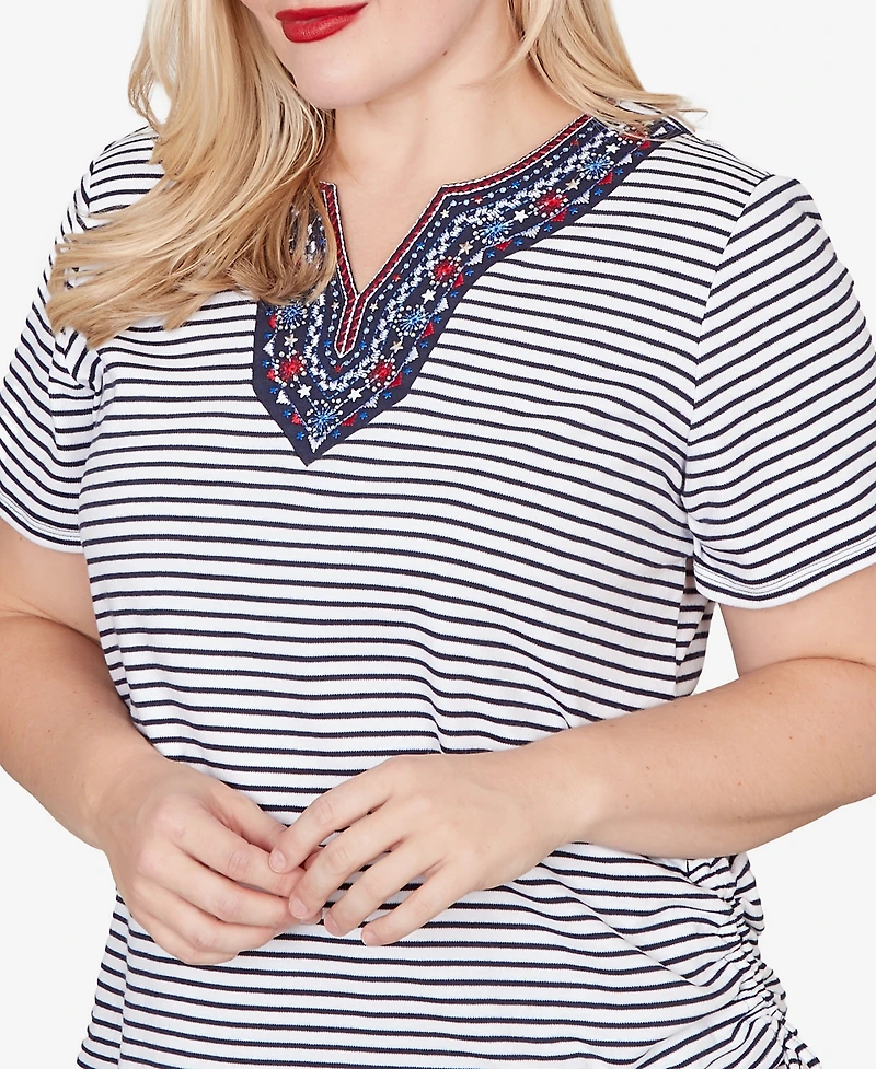 Alfred Dunner Petite Lady Liberty Embroidered Neck Striped Side-Tie Top