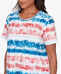 Alfred Dunner Petite Lady Liberty Americana Tie-Dye Stripes Short-Sleeve T-Shirt
