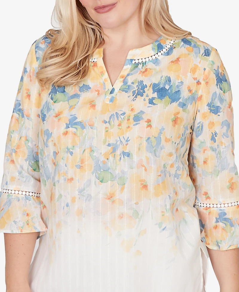 Alfred Dunner Petite Out of the Blue Falling Floral Three-Quarter-Sleeve Top