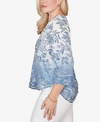 Alfred Dunner Petite Out of the Blue Ombre Batik Floral Henley Top