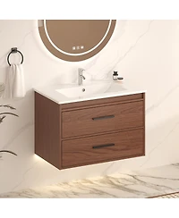 Sillysis 30 Inch Wall Mounted Bathroom Vanity with Ceramic Sink, Soft Close Drawers and Reddish Brown Cabinet, Modern Transitional Design