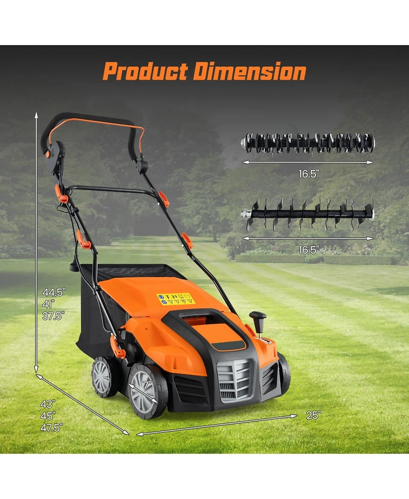Sugift 16 in Electric Lawn Dethatcher and Scarifier with Collection Bag