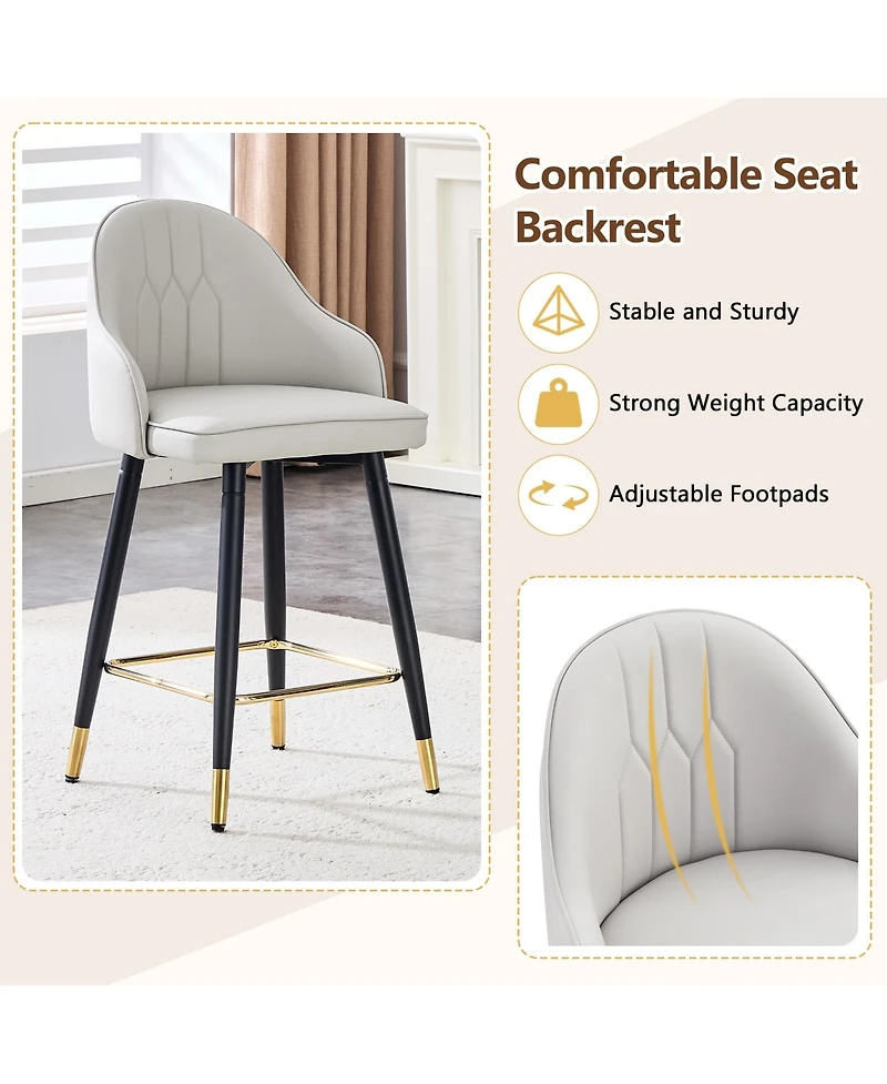 Rainsken Pu Leather Bar Stools Set of 2, Modern Counter Height Chairs with Ergonomic Backrest and Metal Footrest for Home Pub