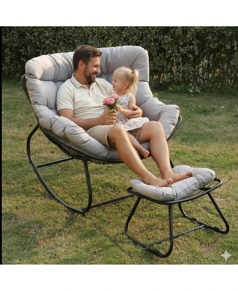Mondawe Egg Rocking Chair & Ottoman Set with Cushions, All-Weather Wicker Lounge