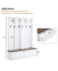 Rainsken Farmhouse Hall Tree, Multi-Purpose Coat Rack with Wood Grain Bench, 6 Hanging Hooks and 2 Storage Drawers for Hallway and Entryway