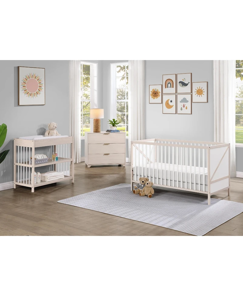 Flynama Washed 3in1 Convertible Crib Mid Century Modern Z Design Solid Wood Three Adjustable Mattress Heights for Baby Nursery