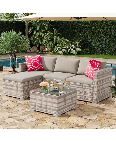 gaomon 5-Piece Outdoor Sectional Sofa Set, All-Weather Pe Rattan Patio Furniture with Ottoman and Tempered Glass Table