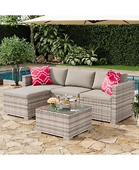 gaomon 5-Piece Outdoor Sectional Sofa Set, All-Weather Pe Rattan Patio Furniture with Ottoman and Tempered Glass Table