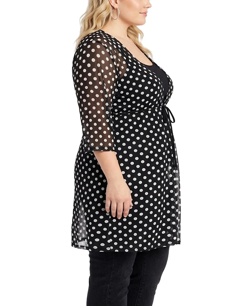 Coin 1804 Plus Polka Dot Mesh Tie-Front Coverup Top