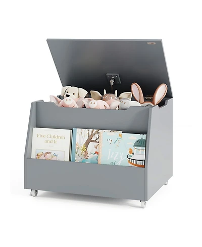 Gouun Wooden Mobile Toy Storage Organizer with Bookshelf and Lockable Wheels