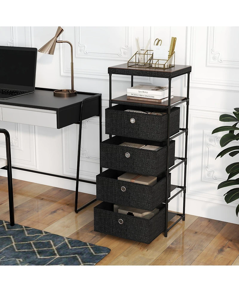 Gouun Dresser with 3/4 Drawers Fabric Storage Tower with Wood Top and Metal Frame