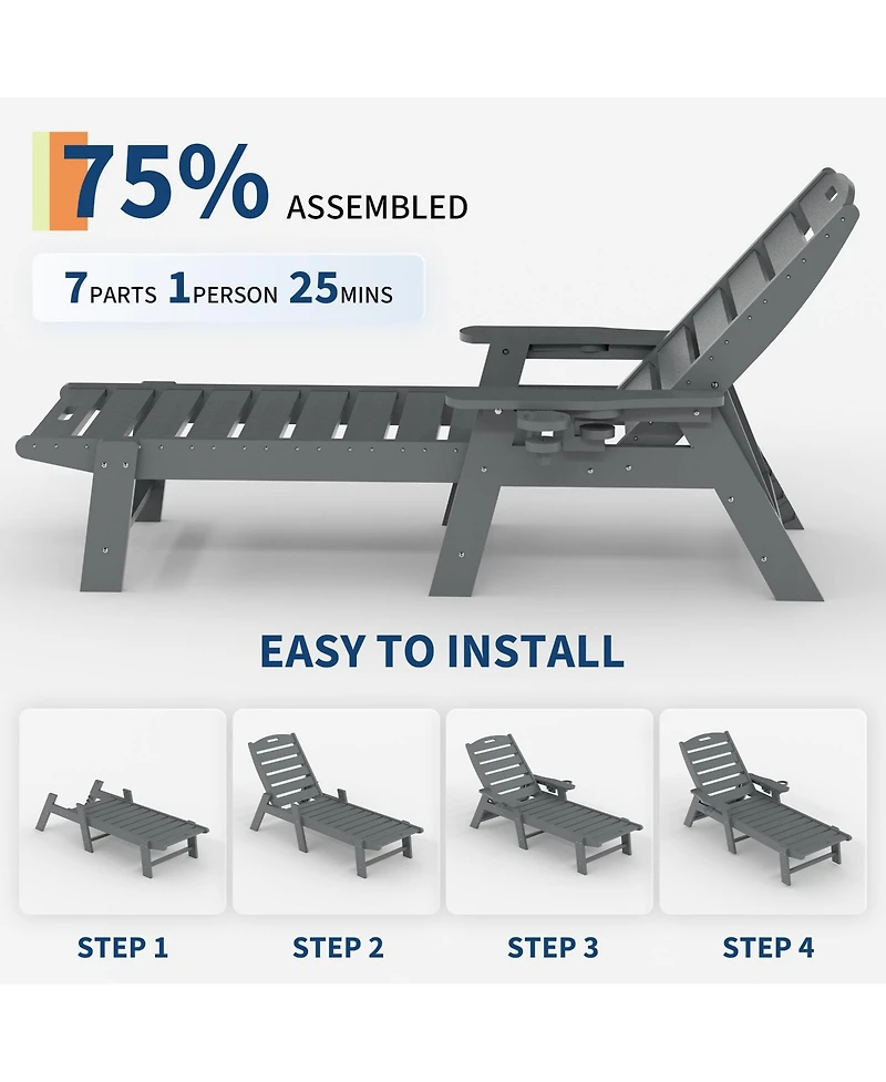 Homfan Durable Hdpe Folding Chaise Lounge 2-Pack - 5 Position Adjustable with Cup Holder and Wheels - Weather-Resistant for Deck, Poolside, Garden