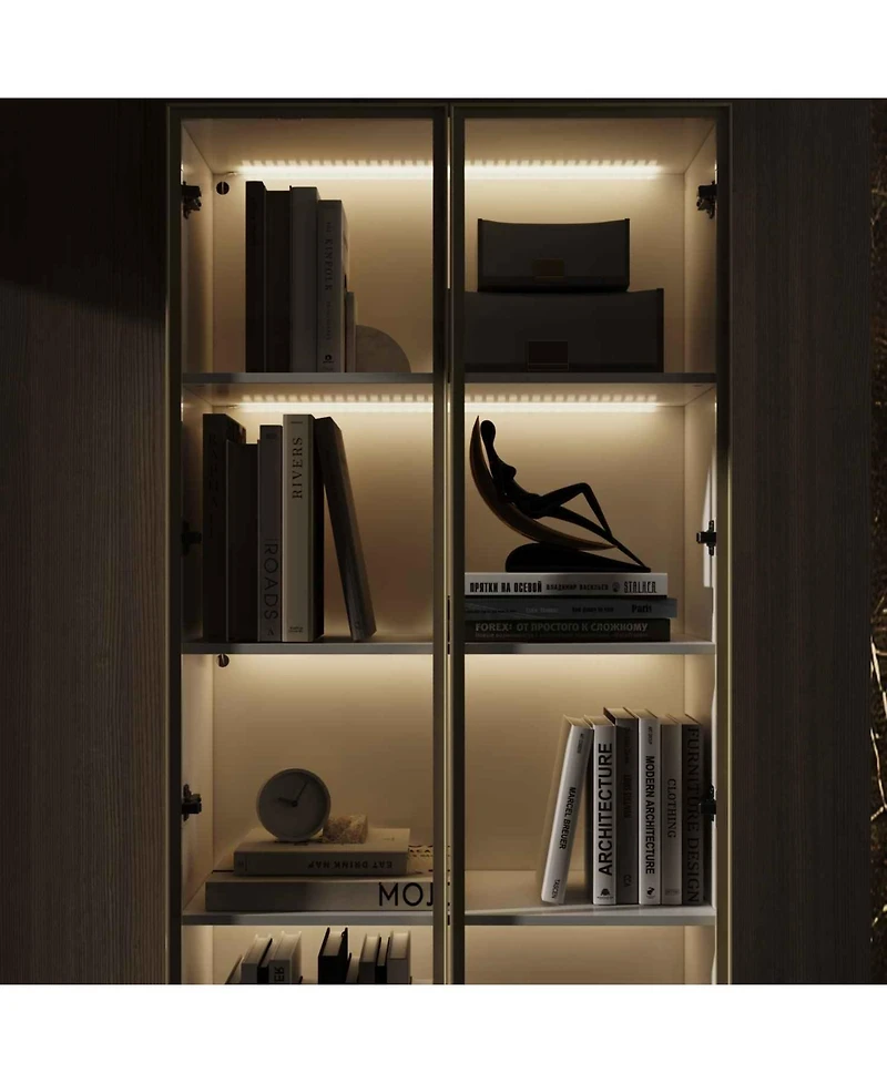 Homsee Display Cabinet with 2 Glass Doors and Lights, 4-Tier Storage Shelves and 2 Drawers