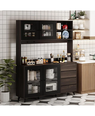 Homsee Large Kitchen Hutch Cabinet, Storage Cupboard Pantry with 4 Glass Doors, 4 Drawers and Microwave Shelf, Buffet,Sideboard