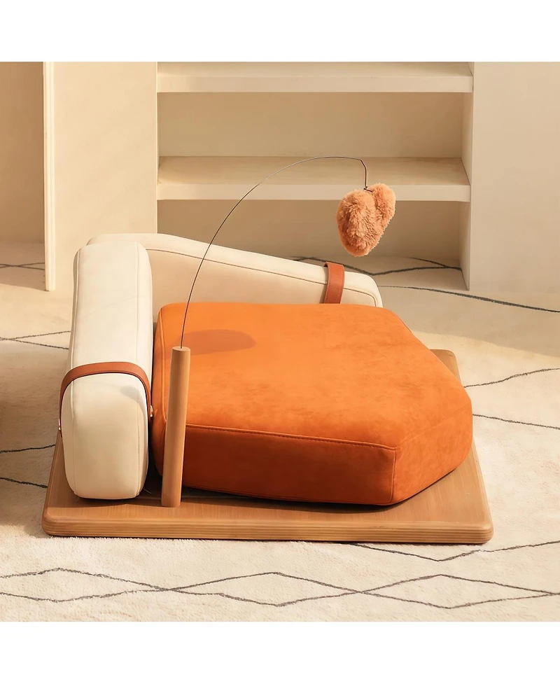 6thdruple Modern Chenille Pet House Bed with Wood Frame and Hanging Toy for Cats and Dogs