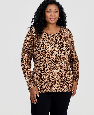 Jm Collection Plus Animal-Print Long-Sleeve Scoop-Neck Sweater, Macy's Exclusive