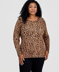 Jm Collection Plus Animal-Print Long-Sleeve Scoop-Neck Sweater, Macy's Exclusive