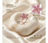 Sterling Silver 18K Rose Plated Clear and Red Cubic Zirconia Flower Coctail Ring