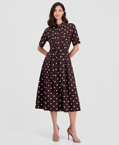 T Tahari Women's Elbow-Sleeve Button-Front Tie-Waist Dress