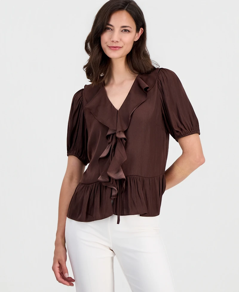 T Tahari Women's V-Neck Ruffle-Front Short-Sleeve Blouse