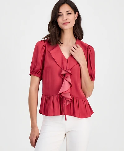 T Tahari Women's V-Neck Ruffle-Front Short-Sleeve Blouse