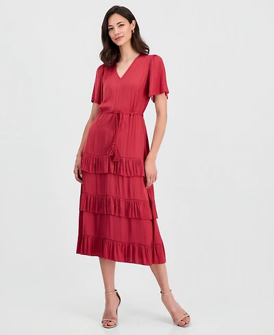 T Tahari Women's V-Neck Short-Sleeve Tiered-Ruffle Dress