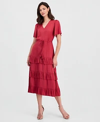 T Tahari Women's V-Neck Short-Sleeve Tiered-Ruffle Dress