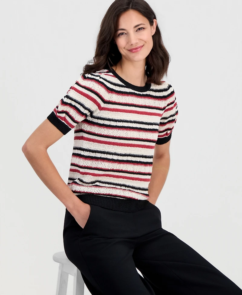 T Tahari Women's Striped Puff-Sleeve Pointelle-Knit Top