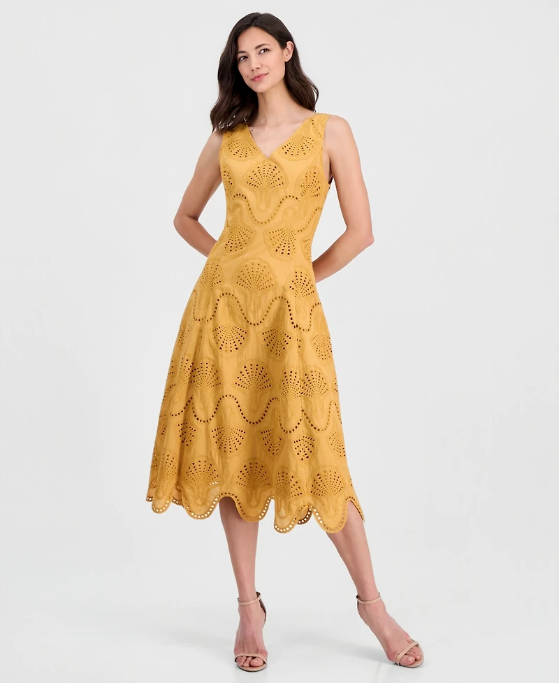 T Tahari Women's V-Neck Sleeveless Eyelet Cotton Dress