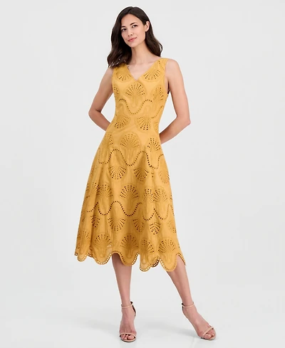 T Tahari Women's V-Neck Sleeveless Eyelet Cotton Dress