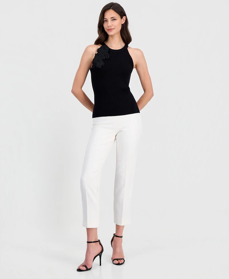 T Tahari Women's Round-Neck Floral-Applique Rib-Knit Top