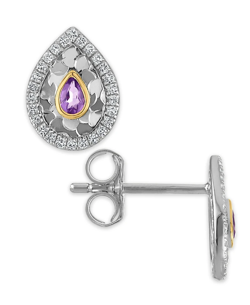 Macy's Swiss Blue Topaz (1/10 ct. t.w.) & White (1/8 Glitter Texture Earrings 14k Two-Tone Gold (Also Available Amethyst)