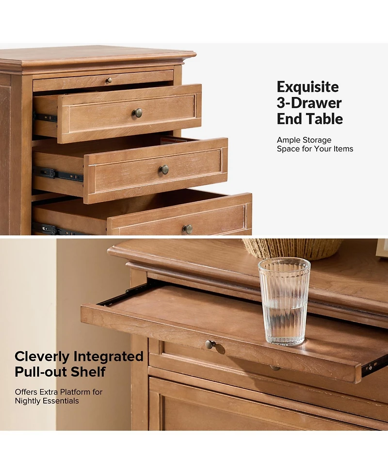 Hulala Home Arthelia Traditional 28.37''W 3-Drawer End Table with Charging Station