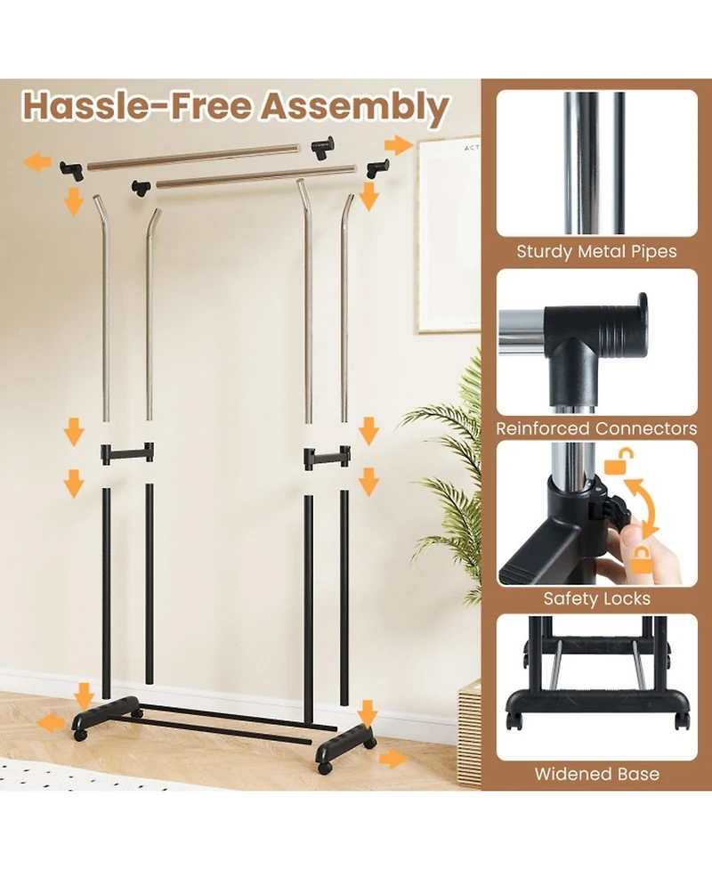Gouun Double Rod Rolling Garment Rack with Adjustable Height from 42 to 69 in