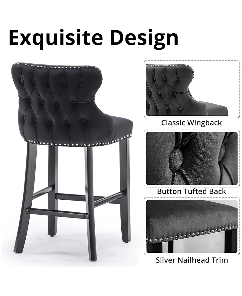 Rainsken Velvet Wingback Bar Stools Set of 2, Counter Height Chairs with Solid Wood Legs, Button Tufted and Nailhead Trim for Kitchen Island