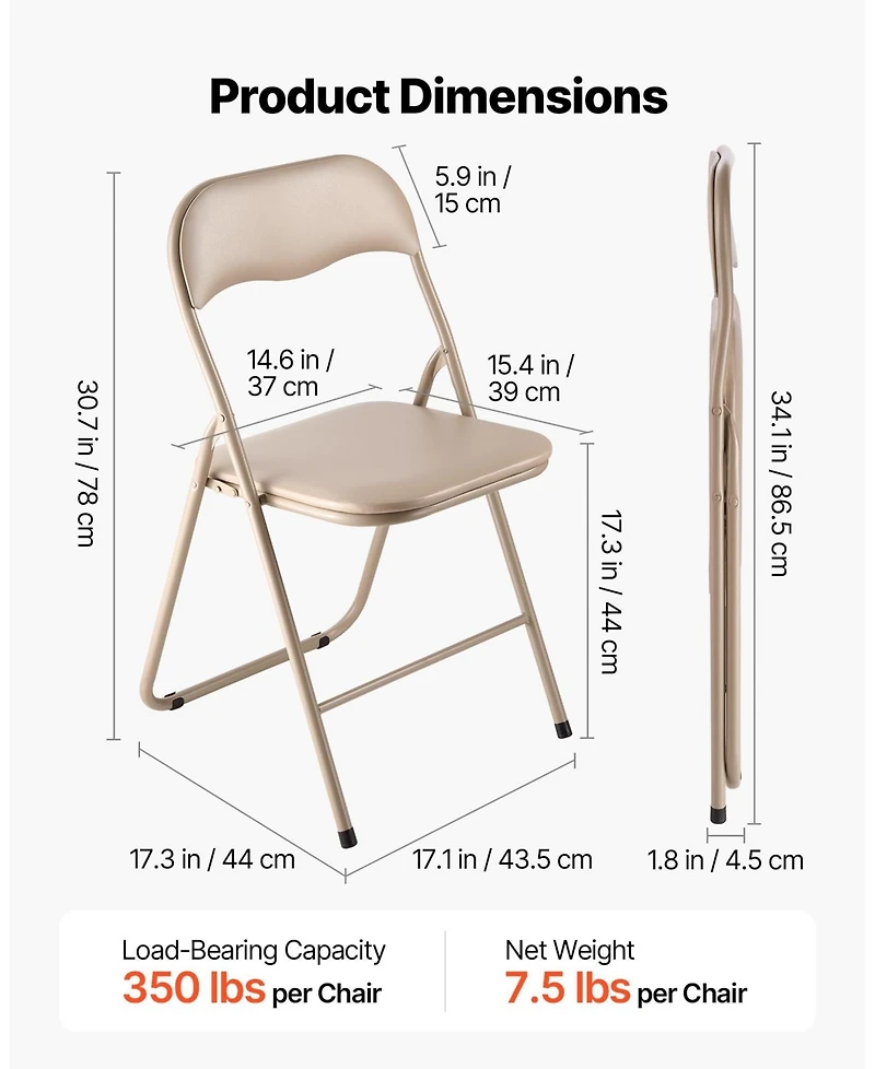 Gouun Padded Folding Chairs Pack of 4 with Faux Leather Cushion and Metal Frame, 350 lb Each