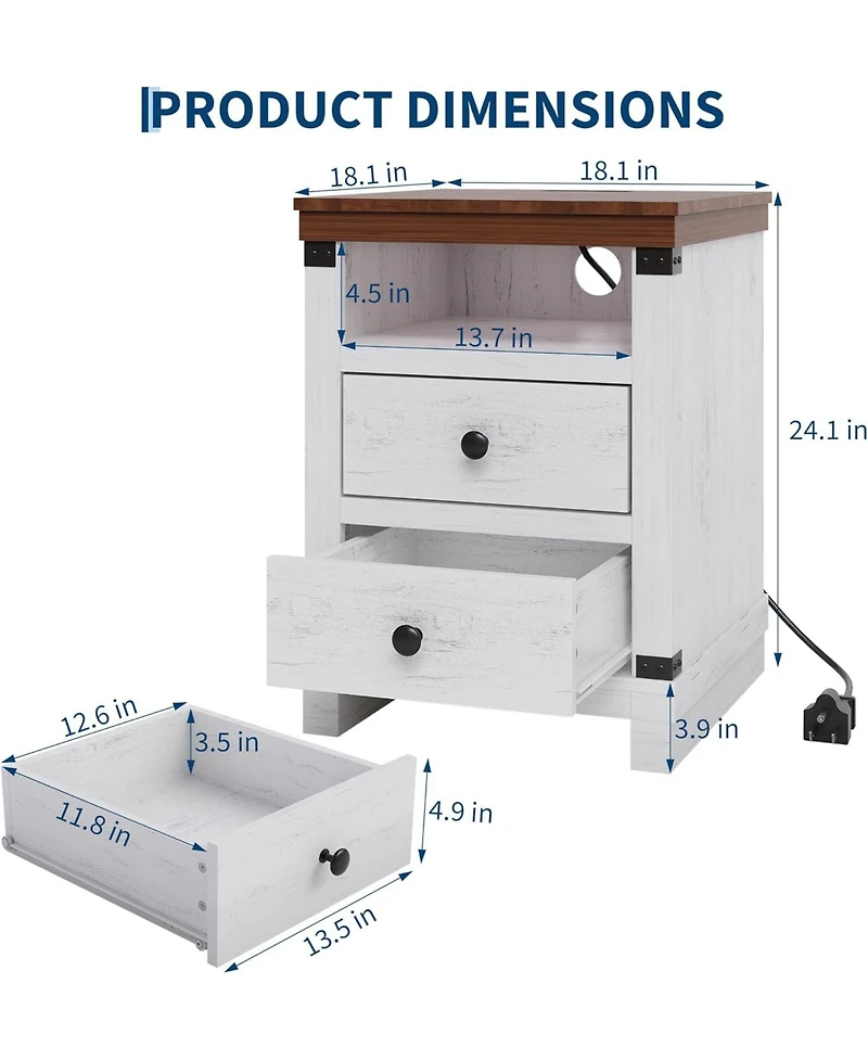 gaomon Farmhouse White Nightstand with Charging Station, 2 Drawers, Usb Ports & Power Outlets