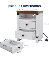 gaomon Farmhouse White Nightstand with Charging Station, 2 Drawers, Usb Ports & Power Outlets