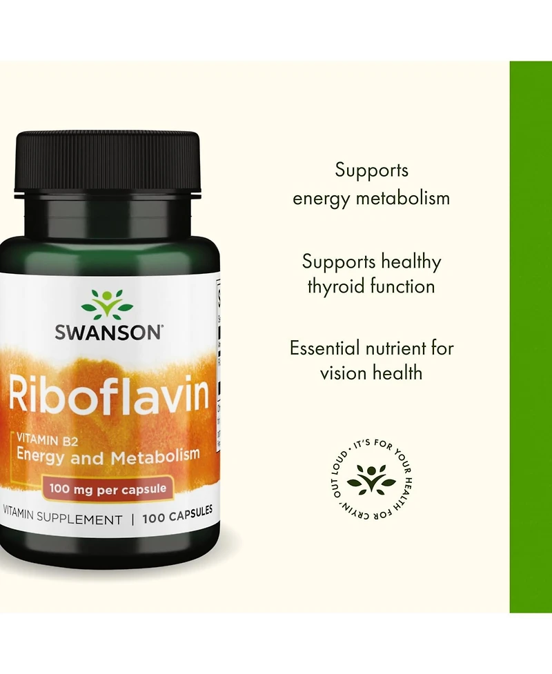 Swanson Vitamin B2 Riboflavin Supplement for Vision Health, Thyroid Function and Supports Energy Production