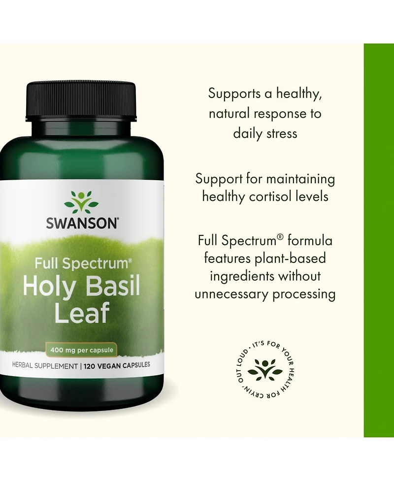 Swanson Holy Basil Leaf (Tulsi) Stress Support and WellBeing Supplement (120 Capsules, 800mg Per Serving)