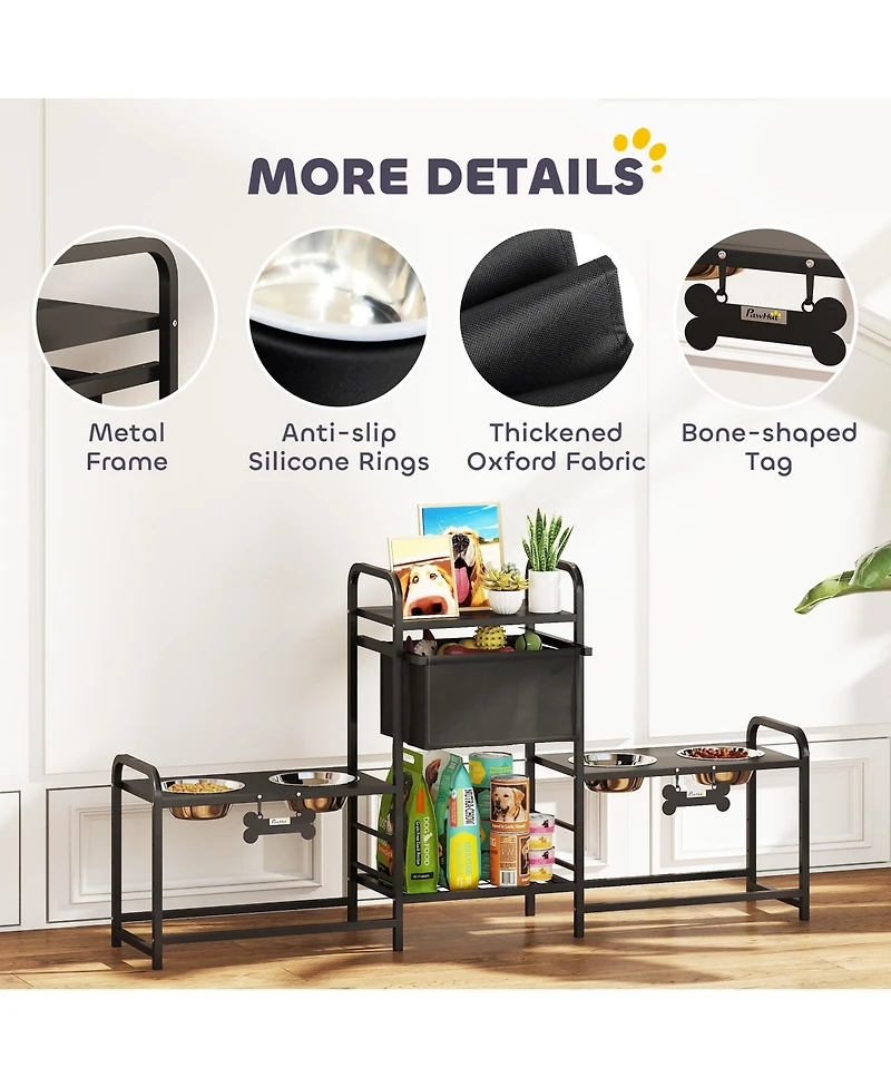 Aostirmotor Black Elevated Dog Bowl Stand - 3 height adjustable, 2 feeding stations, built-in toy bin basket. Neat, ergonomic design